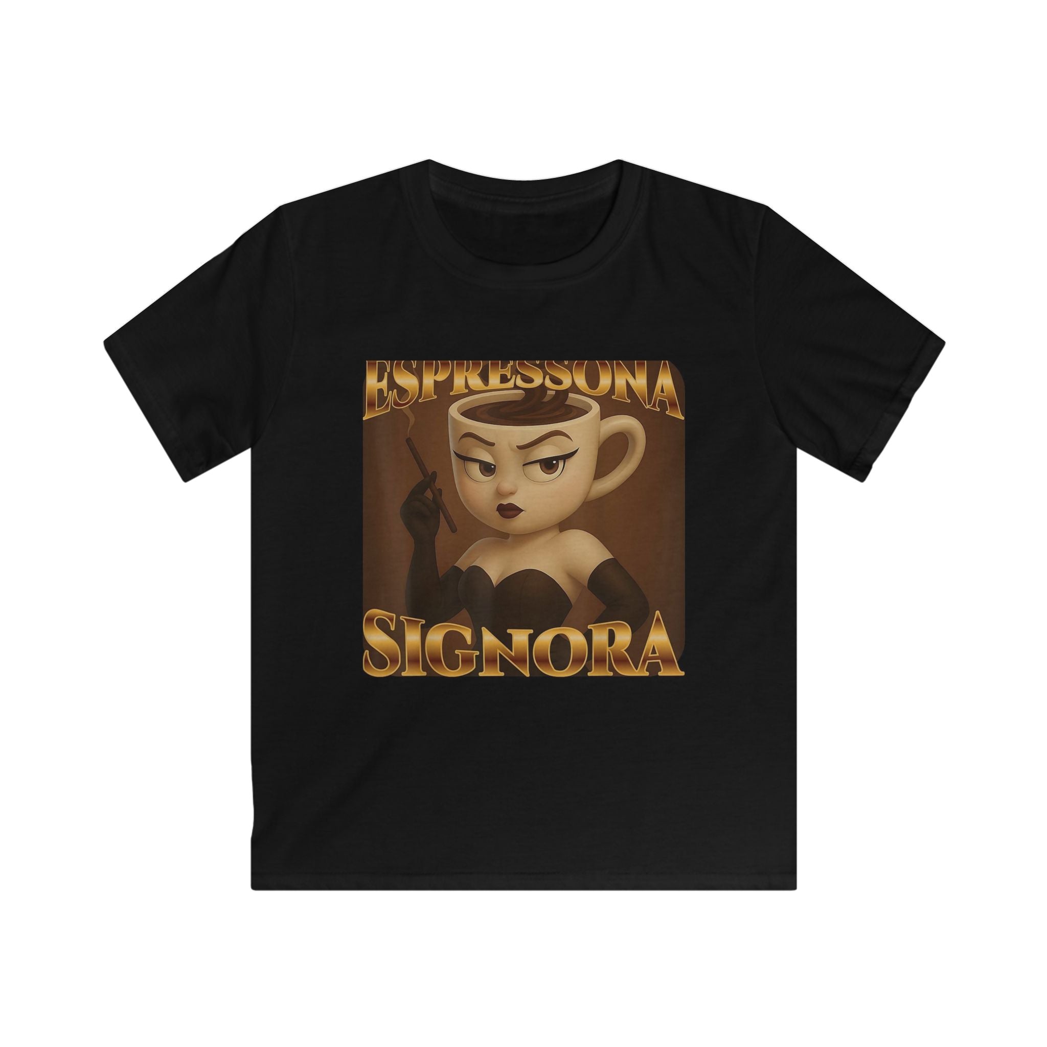 Kids Tee — "Espressona Signora" Cute Coffee Cup Character Tee