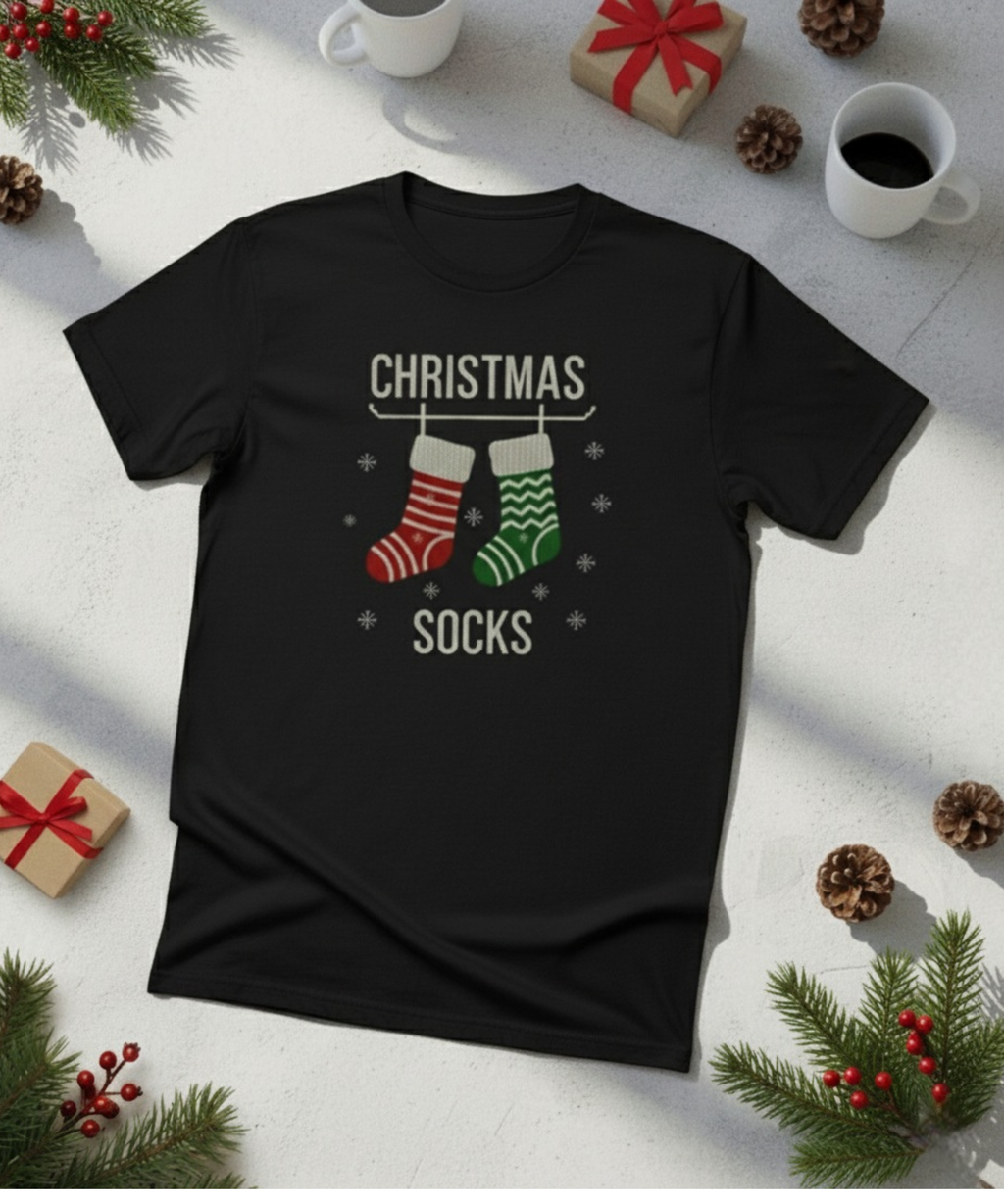 Christmas Socks T-Shirt — Festive Holiday Tee with Hanging Stockings