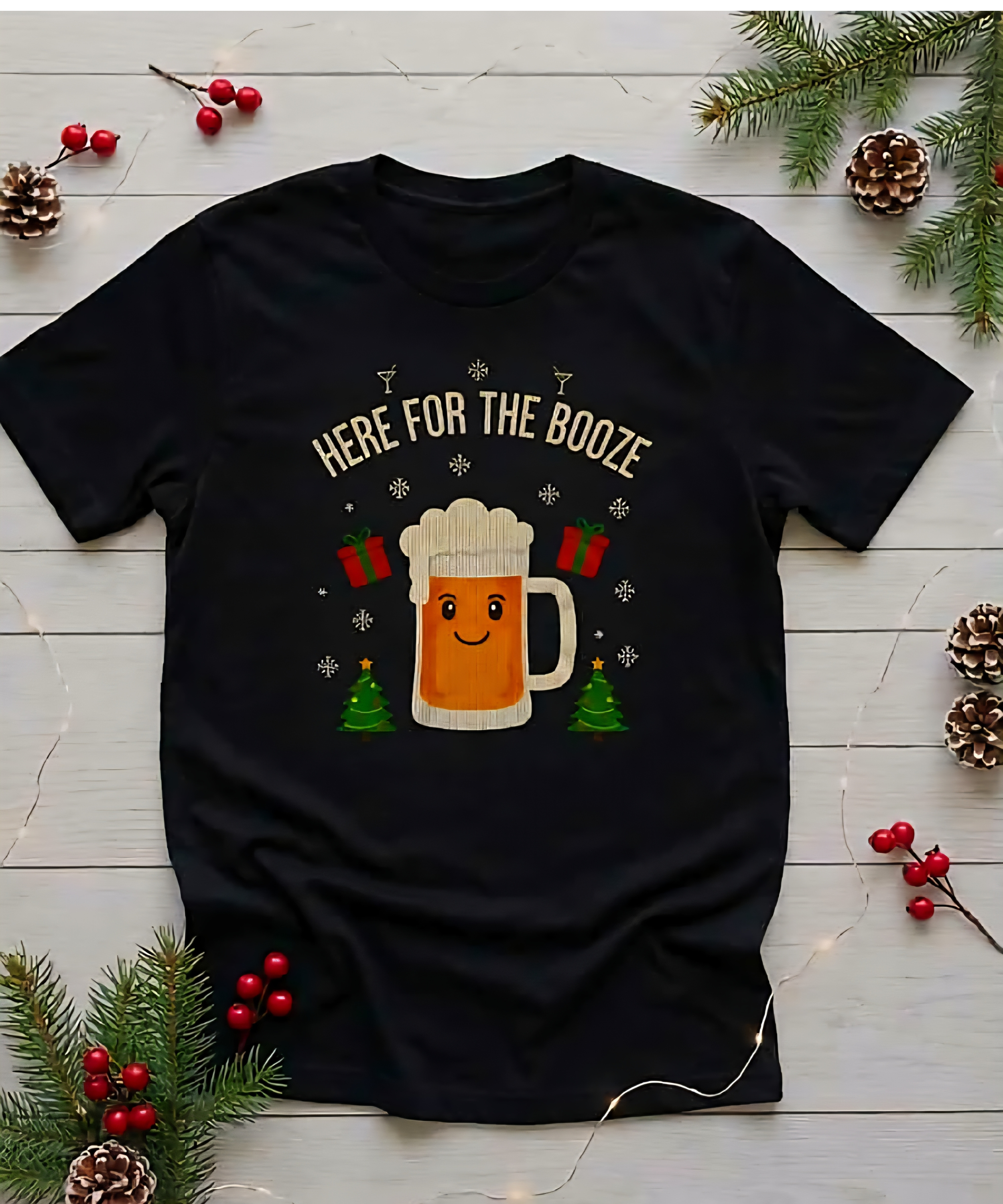Here For The Booze Beer Christmas T‑Shirt
