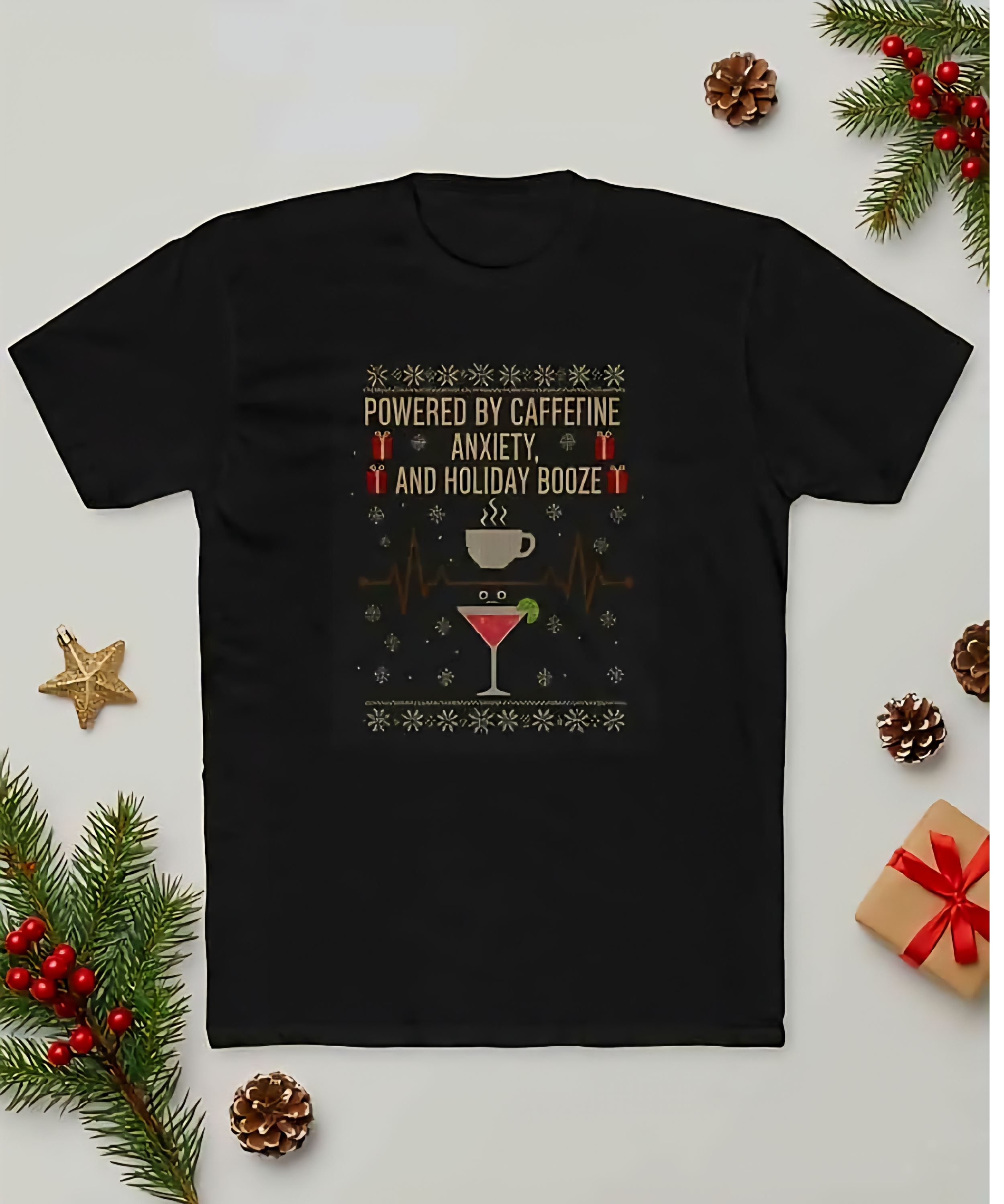 Powered by Caffeine, Anxiety & Holiday Booze” Christmas Shirt