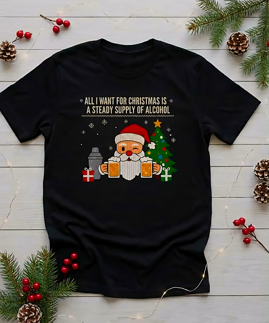 Christmas Beer Tee — "All I Want for Christmas Is a Steady Supply of Alcohol" T-Shirt