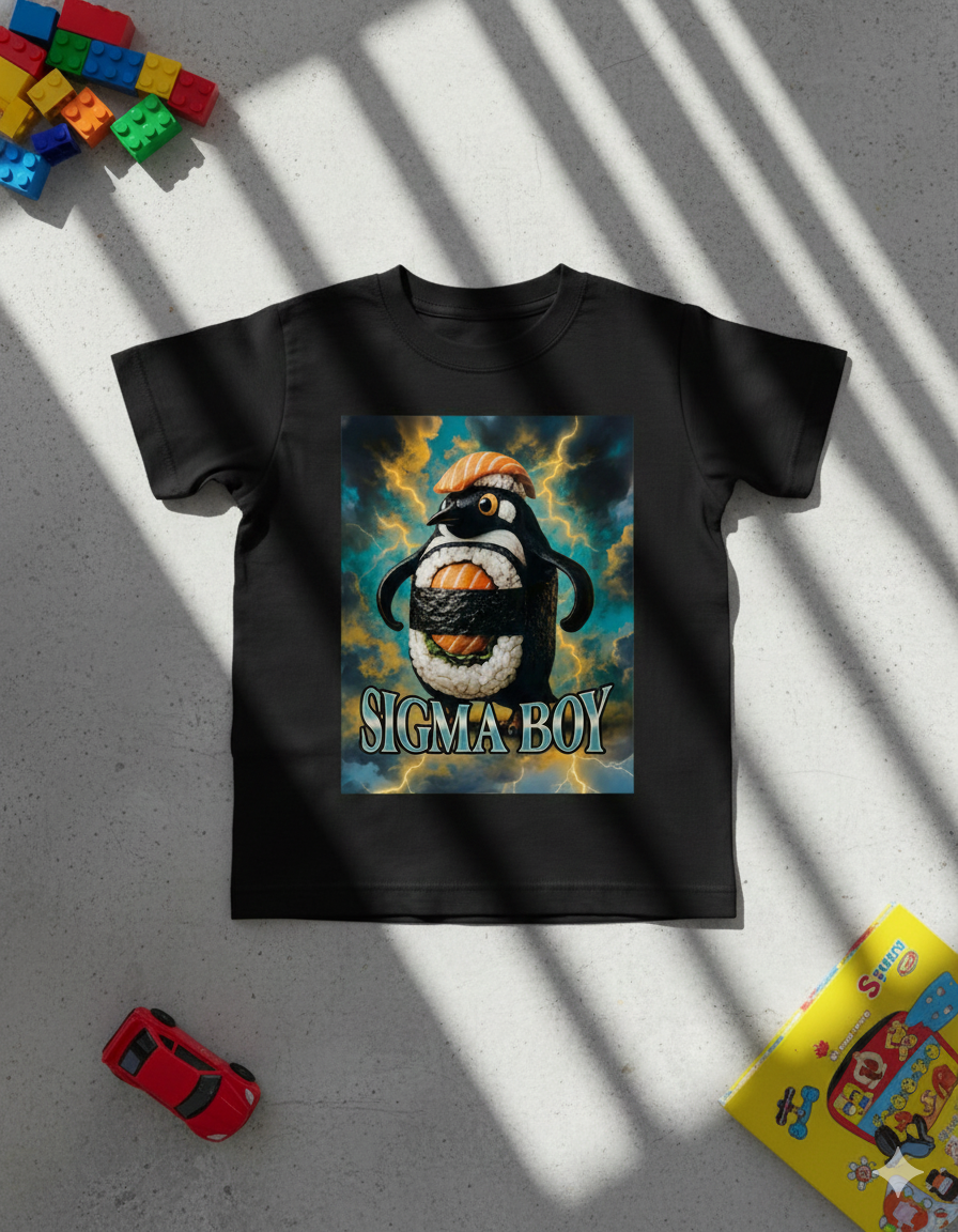 Kids T‑Shirt — 'Sigma Boy' Penguin Graphic Tee for Kids (Cool Retro Vibe)