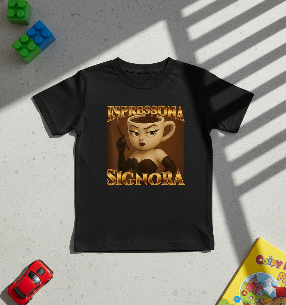 Kids Tee — "Espressona Signora" Cute Coffee Cup Character Tee