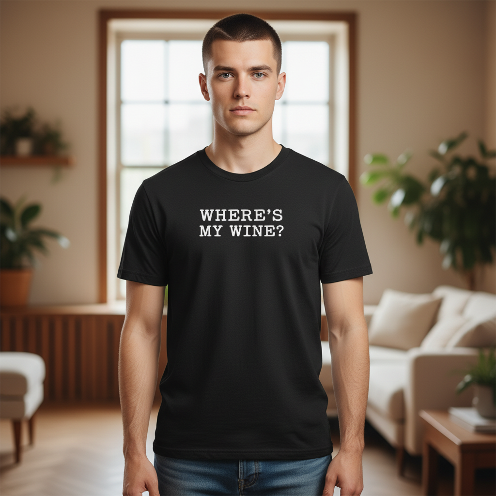Funny Wine T-Shirt "Where's My Wine?" - Wine Lover Gift - Alcohol Humor Graphic Tee - Unisex Heavy Cotton Shirt - Drinking Squad Top - Mom Life Gift