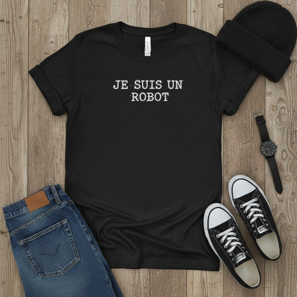 T-shirt "Je suis un robot" | Chandail à message ironique | Esthétique Cybertrash & Machine à écrire | Mode Dystopique & Humour Noir | Idée cadeau Geek