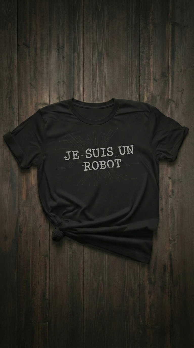 T-shirt "Je suis un robot" | Chandail à message ironique | Esthétique Cybertrash & Machine à écrire | Mode Dystopique & Humour Noir | Idée cadeau Geek